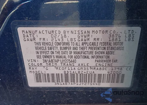 2018 Nissan Sentra S from USA, damaged, VIN 3N1AB7AP1JY275440